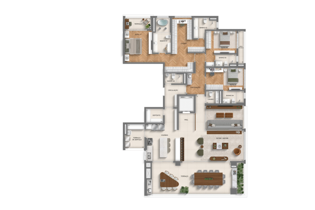 planta 4 suítes ampliado cozinha integrada - 269m² - torre 2 (perspectiva artística)