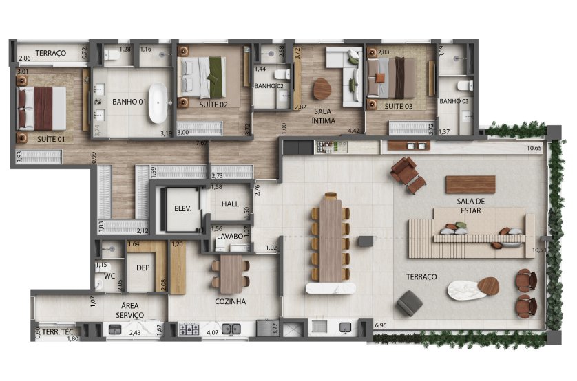 Planta Opção 3 Suítes Living integrado com o terraço e sala íntima - 241m² - Final 2 - Torre 3 (Perspectiva artística)