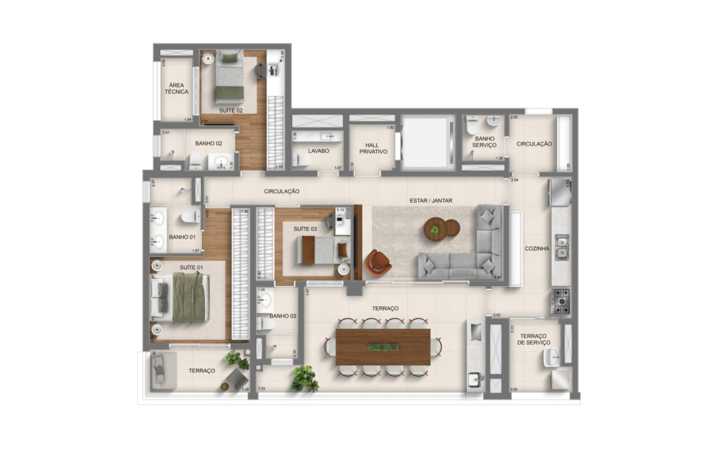 planta 3 suítes - 136m² - torre 1 (perspectiva artística)