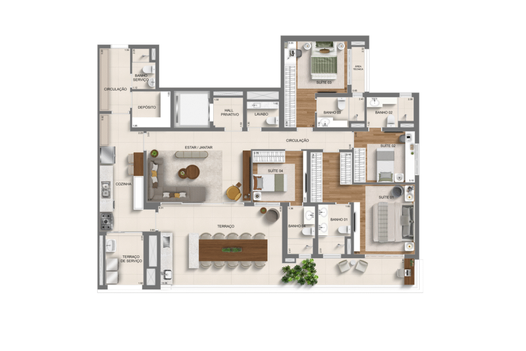 planta 4 suítes ampliado - 179m² - torre 1 (perspectiva artística)
