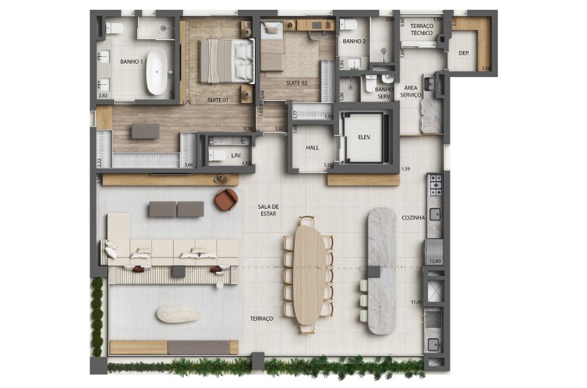 Planta 2 Suítes Opção Living Ampliado - 172m² - Finais 1 e 2 - Torre 1 (Perspectiva artística)